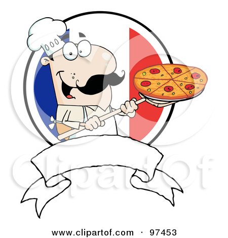 Royalty-Free (RF) Clipart Illustration of a Male Pizzeria Chef Holding A Pizza On A Scooper Above A Blank Banner And French Flag by Hit Toon