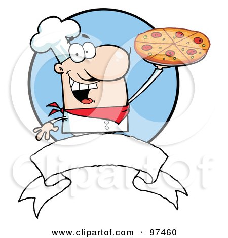 Royalty-Free (RF) Clipart Illustration of a Male Pizzeria Chef Holding A Pizza Up Above A Blank Banner And Blue Circle by Hit Toon