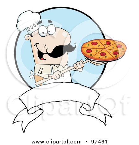 Royalty-Free (RF) Clipart Illustration of a Male Pizzeria Chef Holding A Pizza On A Scooper Above A Blank Banner And Blue Circle by Hit Toon
