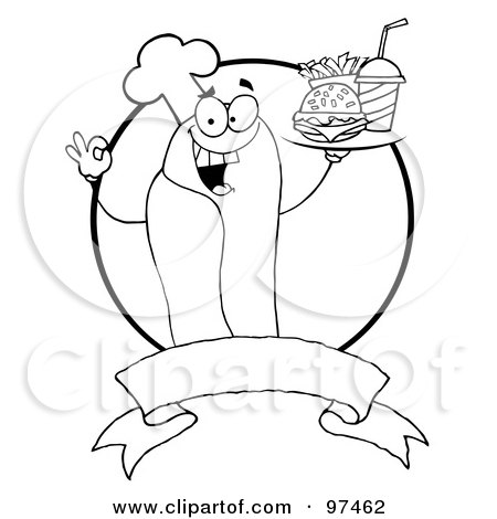 Royalty-Free (RF) Clipart Illustration of an Outlined Hot Dog Chef Serving Fast Food, Over A Blank Banner And Circle by Hit Toon