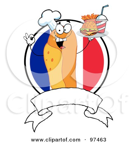 Royalty-Free (RF) Clipart Illustration of a Hot Dog Chef Serving Fast Food, Over A Blank Banner And French Flag by Hit Toon
