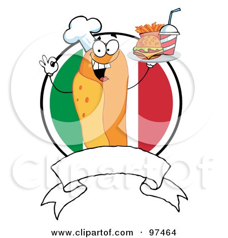 Royalty-Free (RF) Clipart Illustration of a Hot Dog Chef Serving Fast Food, Over A Blank Banner And Italian Flag by Hit Toon