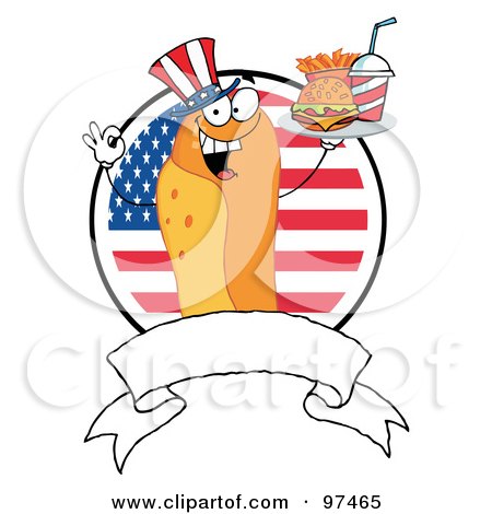 Royalty-Free (RF) Clipart Illustration of a Hot Dog Chef Serving Fast Food, Over A Blank Banner And American Flag by Hit Toon