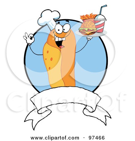 Royalty-Free (RF) Clipart Illustration of a Hot Dog Chef Serving Fast Food, Over A Blank Banner And Blue Circle by Hit Toon