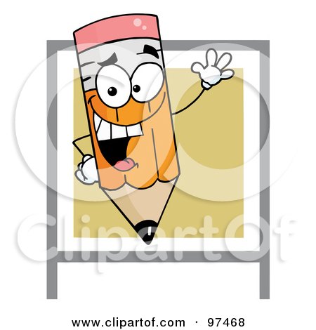 Royalty-Free (RF) Clipart Illustration of a Happy Waving Pencil Over A Green Square by Hit Toon