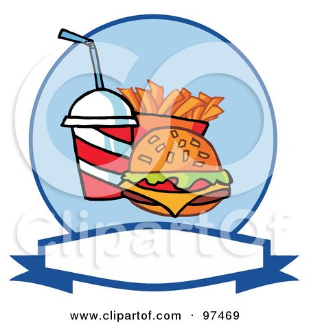 Royalty-Free (RF) Clipart Illustration of a Fast Food Logo Of Soda, Fries And A Burger Over A Blank Label by Hit Toon