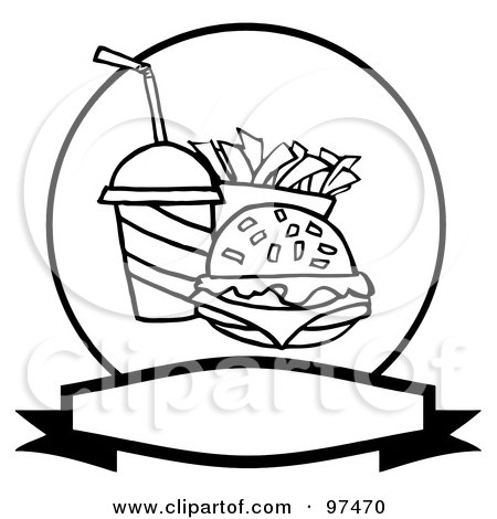 Royalty-Free (RF) Clipart Illustration of an Outlined Fast Food Logo Of Soda, Fries And A Burger Over A Blank Label by Hit Toon