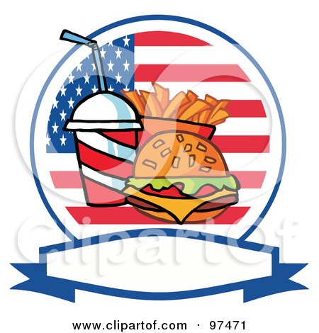 Royalty-Free (RF) Clipart Illustration of a Fast Food Logo Of Soda, Fries And A Burger Over A Blank Label And American Flag by Hit Toon