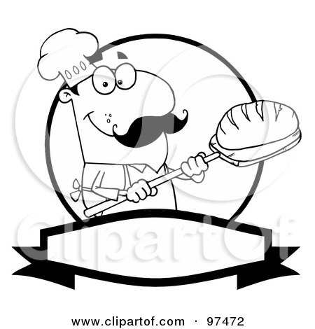 Royalty-Free (RF) Clipart Illustration of an Outlined Baker Holding Bread Over A Circle And Blank Banner by Hit Toon
