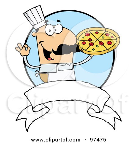 Royalty-Free (RF) Clipart Illustration of a Male Pizzeria Chef Holding A Pizza Pie With A Blank Banner And Blue Circle by Hit Toon