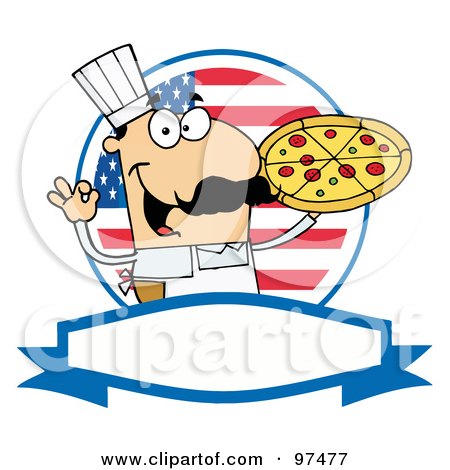 Royalty-Free (RF) Clipart Illustration of a Male Pizzeria Chef Holding A Pizza Pie, With A Usa Flag And Blank Label by Hit Toon