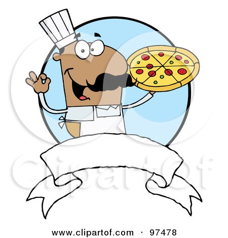 Royalty-Free (RF) Clipart Illustration of a Male Pizzeria Chef Holding A Pizza With A Blank Banner And Blue Circle by Hit Toon