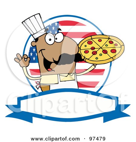 Royalty-Free (RF) Clipart Illustration of a Male Pizzeria Chef Holding A Pizza Pie, With An American Flag And Blank Label by Hit Toon