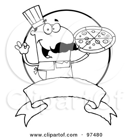 Royalty-Free (RF) Clipart Illustration of an Outlined Male Pizzeria Chef Holding A Pizza With A Blank Label And Circle by Hit Toon