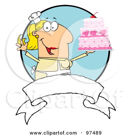 Royalty-Free (RF) Clipart Illustration of a Blond Woman Holding Up A Cake Over A Blank Banner And Blue Circle by Hit Toon