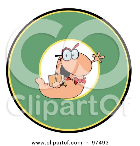 Royalty-Free (RF) Clipart Illustration of a Waving Book Worm Over A Green Circle by Hit Toon