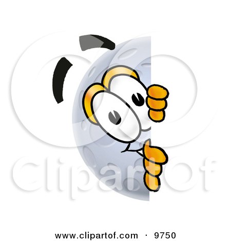 Clipart Picture of a Moon Mascot Cartoon Character Peeking Around a Corner by Mascot Junction