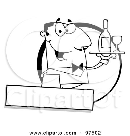 Royalty-Free (RF) Clipart Illustration of an Outlined Friendly Waiter Serving Wine Logo by Hit Toon