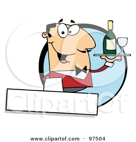 Royalty-Free (RF) Clipart Illustration of a Friendly Caucasian Waiter Serving Wine Logo by Hit Toon