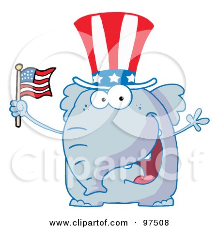 Royalty-Free (RF) Clipart Illustration of a Patriotic Elephant Wearing A Hat And Waving An American Flag by Hit Toon
