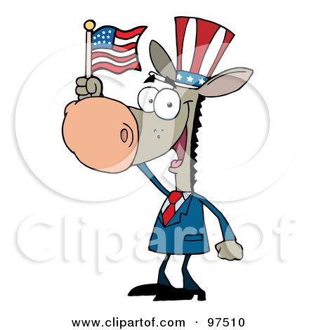 Royalty-Free (RF) Clipart Illustration of a Patriotic Donkey Wearing A Hat And Waving An American Flag by Hit Toon