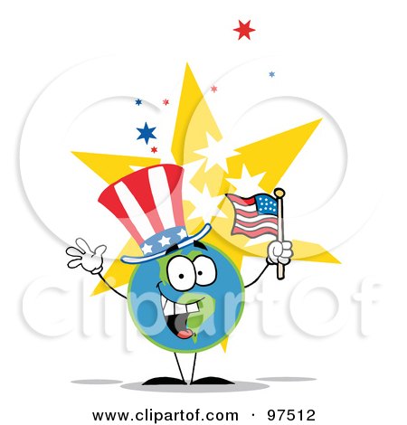 Royalty-Free (RF) Clipart Illustration of a Globe Wearing A Patriotic Hat And Waving An American Flag by Hit Toon