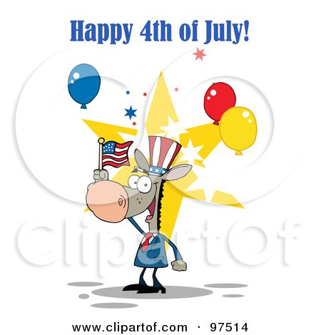 Royalty-Free (RF) Clipart Illustration of a Happy 4th Of July Greeting Of A Patriotic Donkey Wearing A Hat And Waving An American Flag by Hit Toon