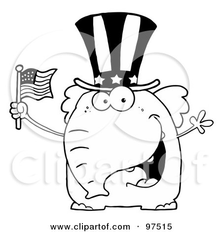 Royalty-Free (RF) Clipart Illustration of an Outlined Patriotic Elephant Wearing A Hat And Waving An American Flag by Hit Toon
