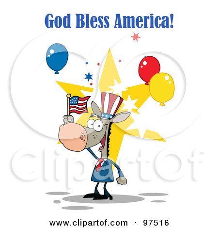 Royalty-Free (RF) Clipart Illustration of a God Bless America Greeting Of A Patriotic Donkey Wearing A Hat And Waving An American Flag by Hit Toon