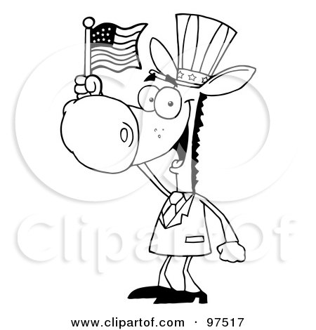 Royalty-Free (RF) Clipart Illustration of an Outlined Patriotic Donkey Wearing A Hat And Waving An American Flag by Hit Toon