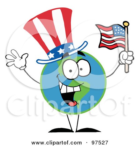 Royalty-Free (RF) Clipart Illustration of a Patriotic Globe Wearing A Hat And Waving An American Flag by Hit Toon