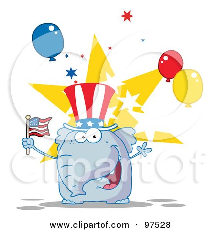 Royalty-Free (RF) Clipart Illustration of an Elephant Wearing A Patriotic Hat And Waving An American Flag by Hit Toon