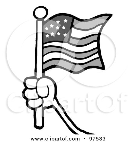 Royalty-Free (RF) Clipart Illustration of a Grayscale Hand Waving An American Flag And Waving It by Hit Toon