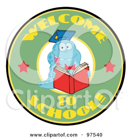 Royalty-Free (RF) Clipart Illustration of a Blue Worm On A Green Welcome To School Circle by Hit Toon