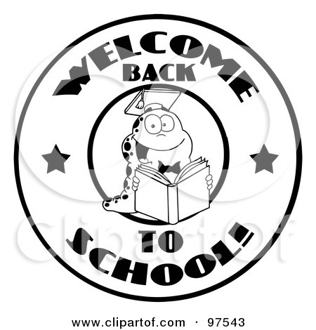 Royalty-Free (RF) Clipart Illustration of a Black And White Reading Worm On A Welcome Back To School Circle by Hit Toon