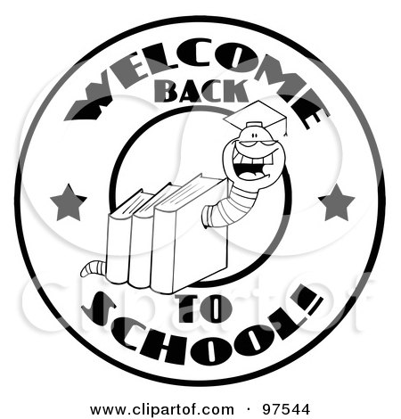 Royalty-Free (RF) Clipart Illustration of a Black And White Book Worm Wearing A Graduation Cap Over A Circle by Hit Toon