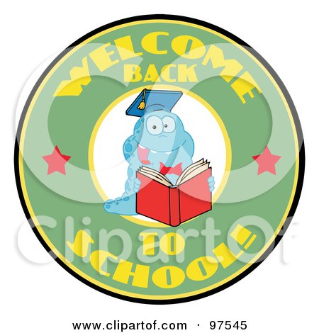 Royalty-Free (RF) Clipart Illustration of a Blue Worm On A Green Welcome Back To School Circle by Hit Toon