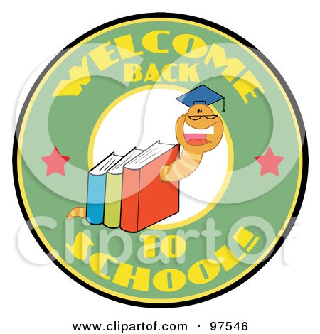 Royalty-Free (RF) Clipart Illustration of a Happy Book Worm Wearing A Graduation Cap Over A Green Welcome Back To School Circle by Hit Toon