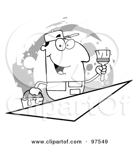 Royalty-Free (RF) Clipart Illustration of a Grayscale Painter Over A Blank Triangle Box by Hit Toon