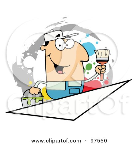 Royalty-Free (RF) Clipart Illustration of a Caucasian Painter Over A Blank Triangle Box by Hit Toon