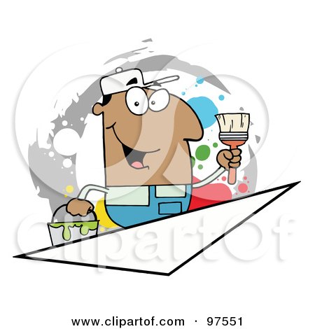 Royalty-Free (RF) Clipart Illustration of a Hispanic Painter Over A Blank Triangle Box by Hit Toon