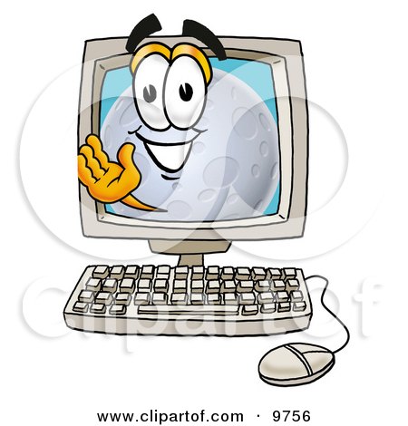 Clipart Picture of a Moon Mascot Cartoon Character Waving From Inside a Computer Screen by Mascot Junction