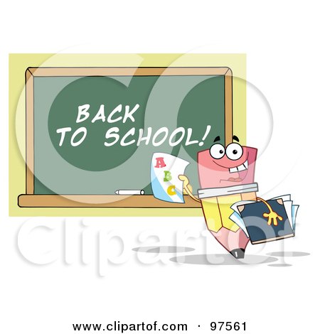 Royalty-Free (RF) Clipart Illustration of a Pencil Holding A Report Card In Front Of A Back To School Chalkboard by Hit Toon