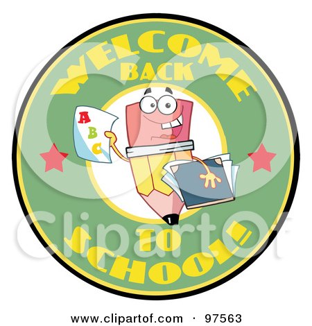 Royalty-Free (RF) Clipart Illustration of a Welcome Back To School Circle With A Pencil Holding A Grade Card by Hit Toon