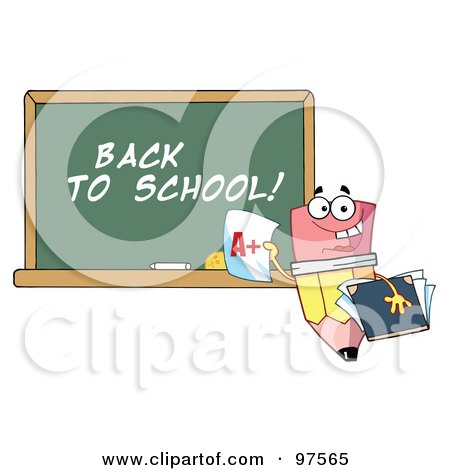 Royalty-Free (RF) Clipart Illustration of a Pencil Character Holding An A Plus Report Card In Front Of A Back To School Chalkboard by Hit Toon
