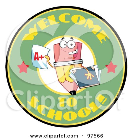 Royalty-Free (RF) Clipart Illustration of a Welcome To School Circle With A Pencil Holding A Report Card by Hit Toon