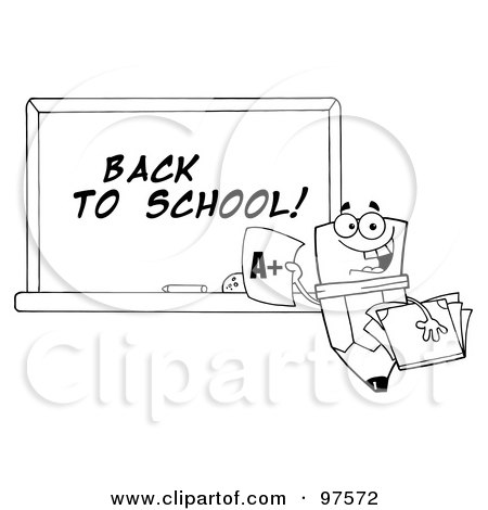 Royalty-Free (RF) Clipart Illustration of an Outlined Pencil Character Holding An A Plus Report Card In Front Of A Back To School Chalkboard by Hit Toon