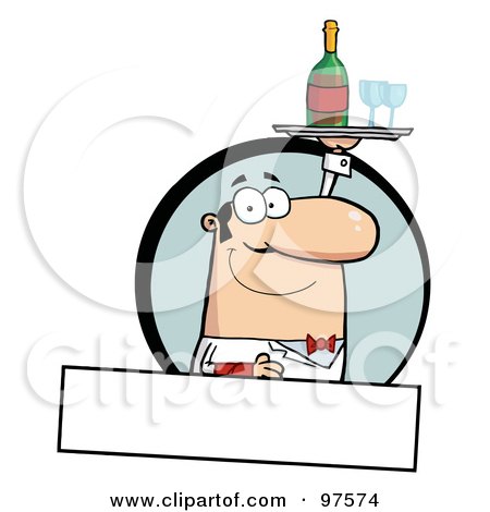 Royalty-Free (RF) Clipart Illustration of a Pleasant Caucasian Butler Serving Wine Over A Blank Text Box by Hit Toon