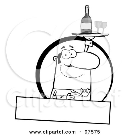 Royalty-Free (RF) Clipart Illustration of a Pleasant Outlined Butler Serving Wine Over A Blank Text Box by Hit Toon