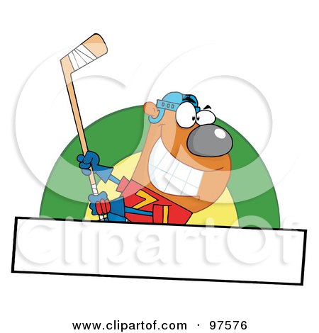 Royalty-Free (RF) Clipart Illustration of a Sporty Ice Hockey Bear Swinging A Stick Over A Blank Box by Hit Toon